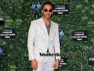 Lewis Hamilton in Snakeskin effect suit with loafers