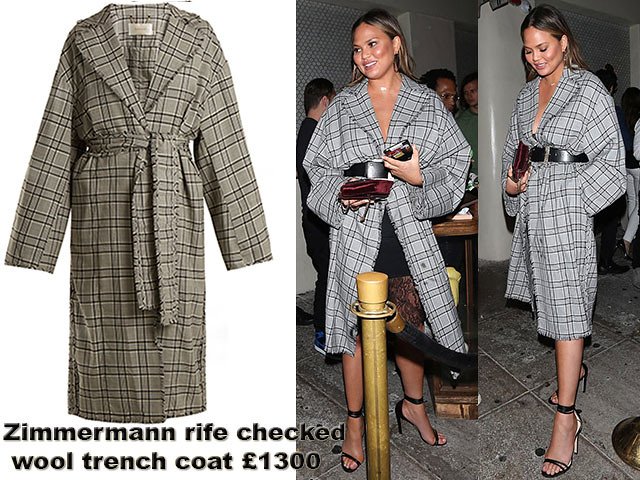 Chrissy Teigen in Zimmermann rife checked wool trench coat