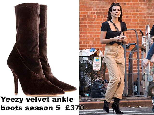 Emily Ratajkowski in Yeezy season 5 velvet ankle boots