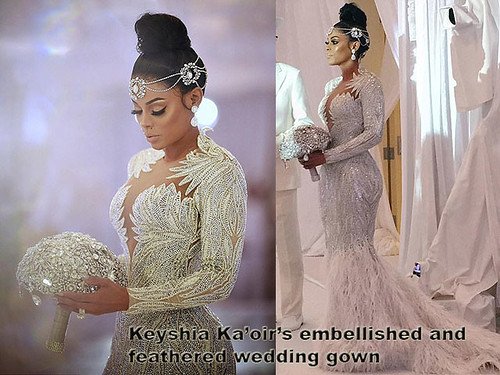 Keyshia Ka’oir’s ornate embellished and feathered wedding gown