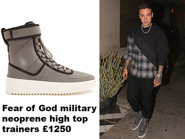 Liam Payne wearing half plaid shirt with black jeans & Fear of God military neoprene high top trainers