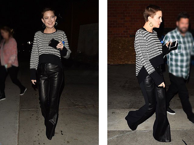 Kate Hudson in black flared leather pants with a high low black and white jumper