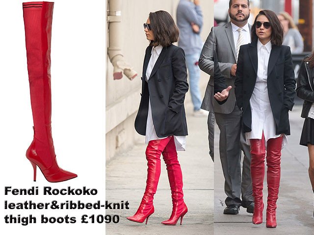 Mila Kunis in Fendi Rockoko leather and ribbed-knit thigh boots, white shirtdress & black blazer