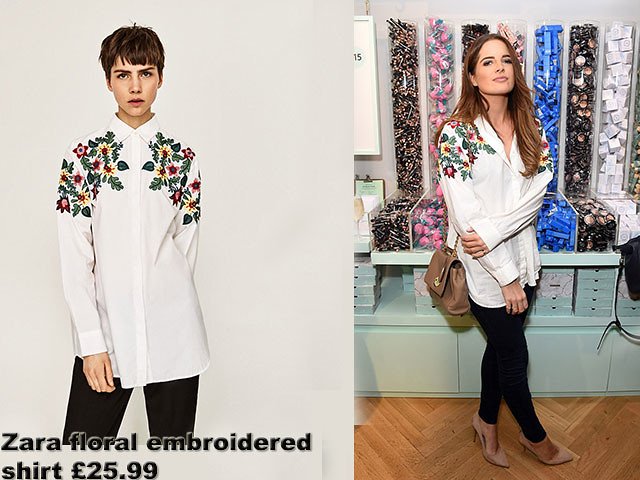 Binky Felstead in a Zara floral embroidered white shirt & black leggings