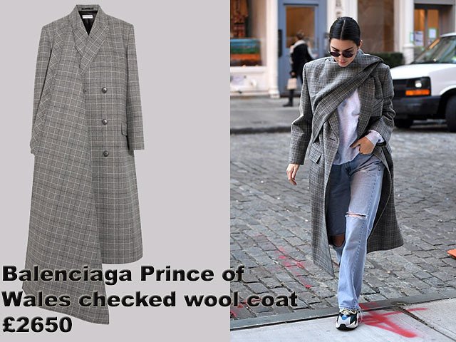 Kendall Jenner in a Balenciaga prince of wales checked wool coat