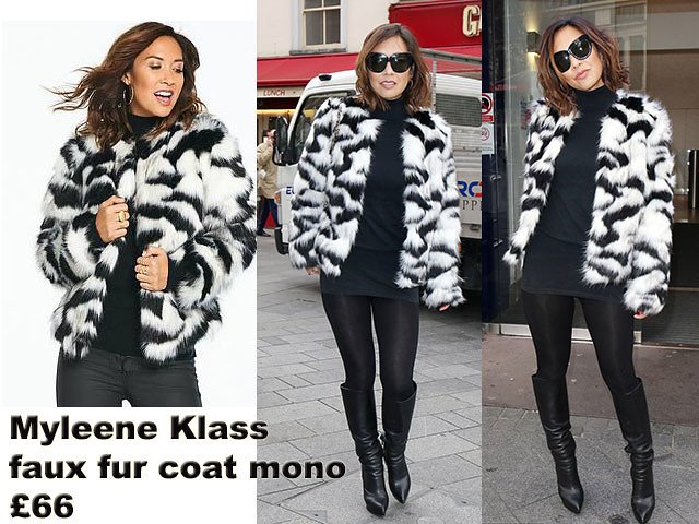 Myleene Klass in a black and white faux fur coat: Faux fur coat trend