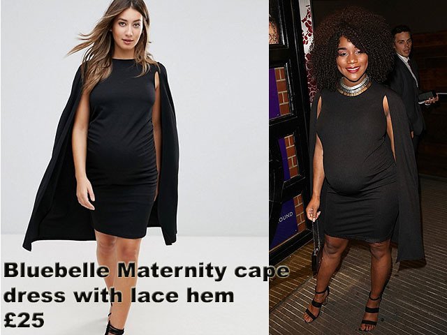 Rachelle Adedeji in a black Bluebelle Maternity cape dress with lace hem: Bump style