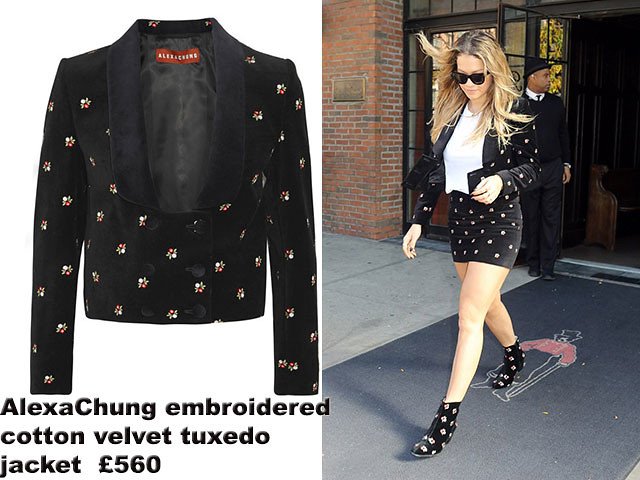 Rita Ora in AlexaChung embroidered cotton velvet tuxedo jacket with a matching mini skirt & ankle boots: Suit skirt
