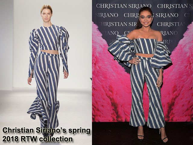Sarah Hylandin Christian Siriano stripe off the shoulder crop top with matching flared pants: Co-ord