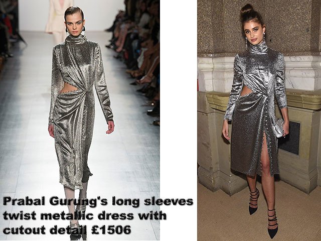Taylor Hill in Prabal Gurung’s long sleeves twist metallic dress with cutout detail: Metallic dresses