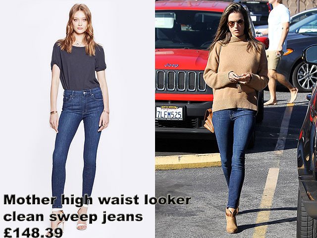 Alessandra Ambrosio in Mother high waist looker clean sweep jeans with a brown roll neck jumper