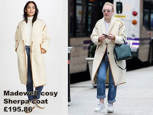 Dakota Fanning in antique cream Madewell cosy Sherpa coat & rolled up jeans