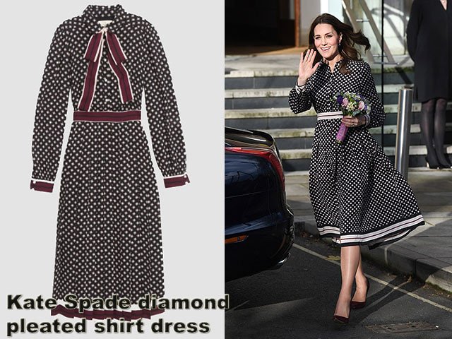 Duchess of Cambridge in Kate Spade diamond pleated shirt dress & burgundy suede heels: Maternity fashion